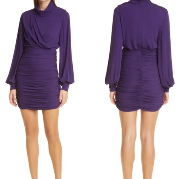Ronny Kobo Harper Ruched Mini Dress with Balloon Sleeves Purple Eggplant S NWT - Picture 1 of 13